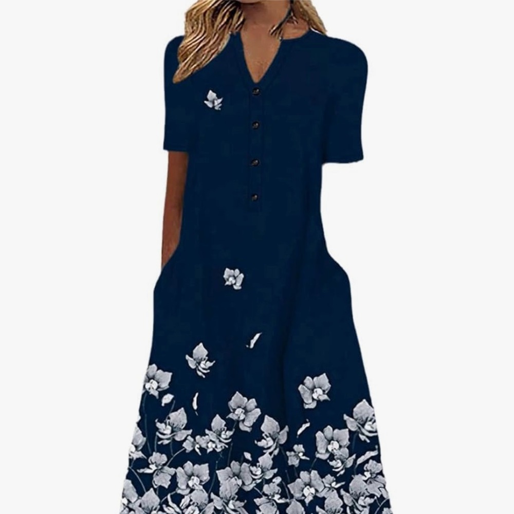 Navy Floral Midi Dress with Button Detail